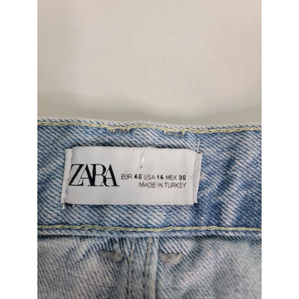 ZARA High Rise Jeans Sz 14 Tweed Trim Jewel Button Crop Wide Leg Light Wash Y2K - Picture 7 of 11